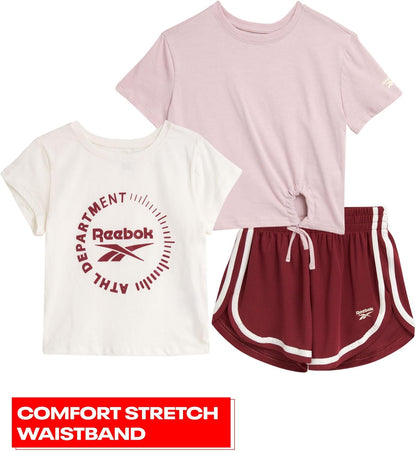 Girls' Active Shorts Set - 3 Piece Short Sleeve T-Shirt and Mesh Dolphin Gym Shorts - Athleisure Set for Girls (7-12)
