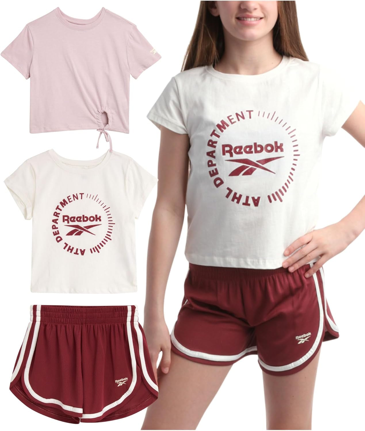 Girls' Active Shorts Set - 3 Piece Short Sleeve T-Shirt and Mesh Dolphin Gym Shorts - Athleisure Set for Girls (7-12)