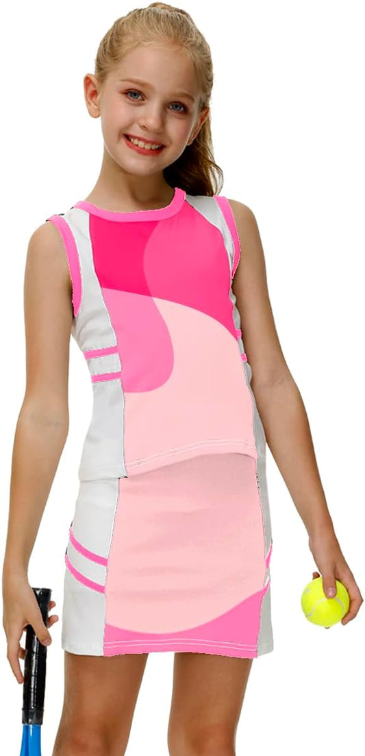 Girls Tennis Golf Outfit Tank Top and Skirt with Shorts Set 4-12 Years