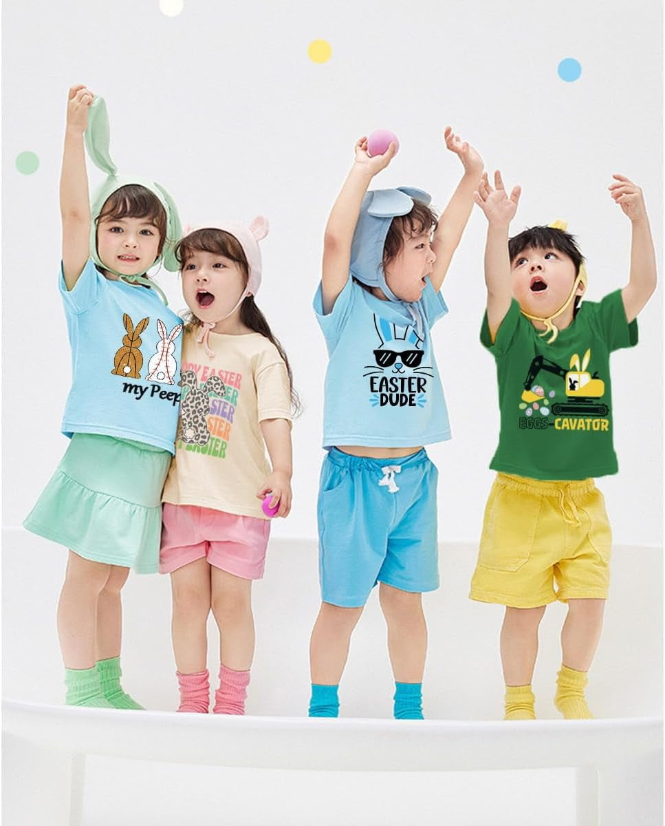 Boys Girls Easter Shirts Bunny Tshirt Short Sleeve Cotton Top Funny Rabbit Graphic Tshirts 3-12 Years